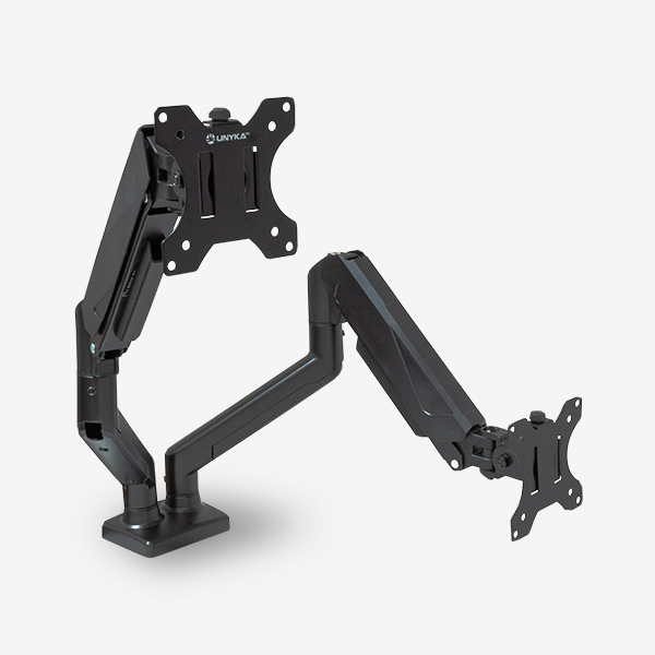 UNYKAch Soporte TV / MONITOR Dual de Escritorio para 2 Pantallas Planas y Curvas de 13-32 Pulgadas (hasta 10 kg brazo), 2 Brazos / 2 Cabezales, Resorte de Gas y Giratorio, VESA máx 100 x 100 mm.